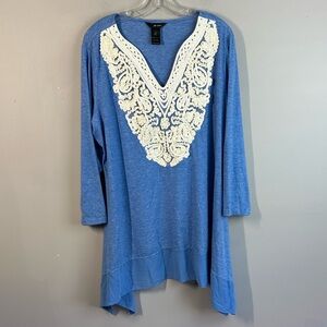 Ali Miles Womens Blue Asymmetric Tunic Size 1X Crochet Lace Artsy Coastal Flowy
